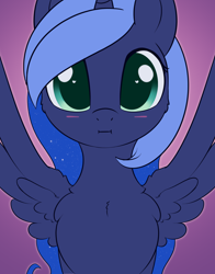 Size: 1620x2070 | Tagged: safe, artist:dusthiel, princess luna, alicorn, pony, g4, atg 2023, blushing, cheek fluff, chest fluff, colored pupils, cute, ethereal mane, female, front view, gradient background, half body, heart, heart eyes, looking at you, lunabetes, mare, newbie artist training grounds, solo, spread wings, starry mane, we bought two cakes, wingding eyes, wings