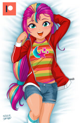 Size: 646x1000 | Tagged: safe, artist:uotapo, sunny starscout, human, equestria girls, g4, g5, blushing, clothes, cute, cutie mark on clothes, equestria girls-ified, female, g5 to equestria girls, g5 to g4, generation leap, humanized, jacket, looking at you, lying down, mane stripe sunny, midriff, on back, open mouth, patreon, patreon logo, shirt, shorts, socks, solo, sunnybetes
