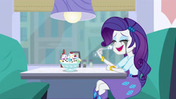 Size: 3072x1727 | Tagged: safe, screencap, rarity, human, equestria girls, equestria girls specials, g4, my little pony equestria girls: dance magic, banana split, belt, boots, bracelet, clothes, cutie mark on clothes, eyes closed, female, food, hairpin, high heel boots, holding, ice cream, jewelry, makeup, marshmelodrama, nom, open mouth, open smile, rarity being rarity, restaurant, running makeup, skirt, smiling, solo, spoon, teenager, top