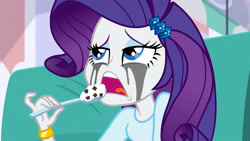 Size: 3072x1727 | Tagged: safe, screencap, rarity, human, equestria girls, equestria girls specials, g4, my little pony equestria girls: dance magic, arms, bracelet, breasts, bust, clothes, comfort eating, eating, female, fingers, food, hairpin, hand, ice cream, jewelry, long hair, makeup, marshmelodrama, nom, open mouth, rarity being rarity, running makeup, solo, spoon, teenager, teeth, top
