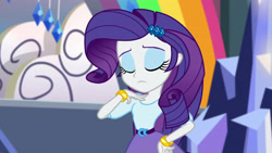 Size: 3072x1727 | Tagged: safe, screencap, rarity, human, equestria girls, equestria girls specials, g4, my little pony equestria girls: dance magic, bracelet, canterlot high, clothes, eyes closed, female, frown, hairpin, hand on hip, jewelry, shirt, skirt, solo, teenager