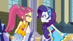 Size: 3072x1727 | Tagged: safe, screencap, rarity, sour sweet, human, equestria girls, equestria girls specials, g4, my little pony equestria girls: dance magic, angry, bracelet, canterlot high, duo, duo female, female, freckles, frown, jewelry, ponytail, scowl, stare down