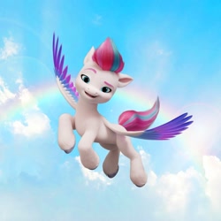 Size: 1080x1080 | Tagged: safe, zipp storm, pegasus, pony, g5, my little pony: a new generation, official, cloud, eyebrows, female, flying, looking at you, mare, open mouth, open smile, raised eyebrow, sky, smiling, smiling at you, solo, spread wings, wings