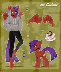 Size: 1785x2109 | Tagged: safe, artist:zlatavector, oc, oc:jen elizabeths, pegasus, pony, anthro, clothes, clothes swap, commission, cup, female, food, hoodie, mare, palette swap, recolor, reference sheet, solo, spread wings, tea, teacup, wings