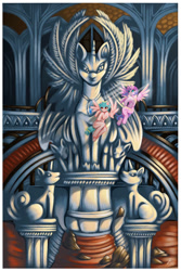 Size: 730x1095 | Tagged: safe, artist:jennobasilicum, cozy glow, princess flurry heart, alicorn, pegasus, pony, g4, duo, female, flying, mare, older, older cozy glow, older flurry heart, ruins, statue