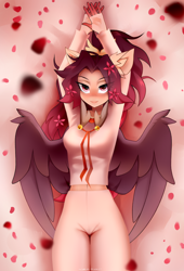 Size: 1500x2200 | Tagged: safe, artist:zlatavector, oc, oc:layla merriweather, pegasus, anthro, blushing, clothes, commission, equine, female, flower, flower in hair, looking at you, midriff, solo, spread wings, wings