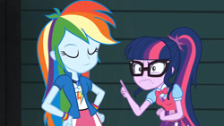 Size: 3072x1727 | Tagged: safe, screencap, rainbow dash, sci-twi, twilight sparkle, human, equestria girls, equestria girls specials, g4, my little pony equestria girls: movie magic, clothes, cutie mark on clothes, duo, duo female, eyes closed, female, geode of super speed, geode of telekinesis, glasses, jewelry, magical geodes, necklace, ponytail, smiling