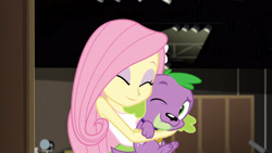 Size: 3072x1727 | Tagged: safe, screencap, fluttershy, spike, spike the regular dog, dog, human, equestria girls, equestria girls specials, g4, my little pony equestria girls: movie magic, bare shoulders, clothes, cute, duo, duo male and female, eyebrows, eyes closed, female, hairpin, hug, male, one eye closed, raised eyebrow, shyabetes, sleeveless, smiling, spikabetes, tank top, wink