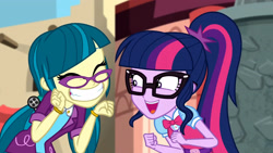 Size: 3072x1727 | Tagged: safe, screencap, juniper montage, sci-twi, twilight sparkle, human, equestria girls, equestria girls specials, g4, movie magic, big grin, big smile, cute, duo, duo female, eyes closed, female, geode of telekinesis, glasses, grin, jewelry, junibetes, magical geodes, necklace, open mouth, open smile, ponytail, smiling, twiabetes