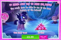 Size: 1958x1296 | Tagged: safe, gameloft, toxicwind, bat pony, pony, g4, my little pony: magic princess, advertisement, alternate timeline, armor, bronybait, costs real money, english, female, gem, helmet, introduction card, mare, mobile game, night guard, nightmare takeover timeline, numbers, sale, solo, spread wings, text, wings