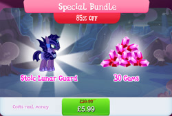 Size: 1270x854 | Tagged: safe, gameloft, toxicwind, bat pony, pony, g4, my little pony: magic princess, alternate timeline, armor, bundle, costs real money, english, female, gem, helmet, mare, mobile game, nightmare takeover timeline, numbers, sale, solo, spread wings, text, wings