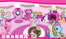 Size: 900x537 | Tagged: safe, cheerilee (g3), minty, pinkie pie (g3), rainbow dash (g3), scootaloo (g3), starsong, sweetie belle (g3), toola-roola, earth pony, pegasus, pony, unicorn, g3, balloon, birthday, birthday cake, birthday party, butterfly costume, butterfly wings, cake, core seven, decoration, fireplace, food, looking at you, music notes, party, radio, smiling, smiling at you, wings