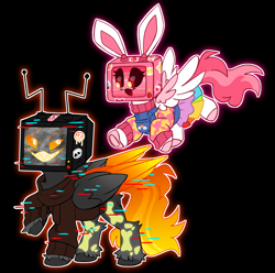 Size: 6056x6000 | Tagged: safe, artist:crazysketch101, oc, oc:cutebox, oc:fearbox, pegasus, pony, bunny ears, clothes, error, glitch, hoodie, overalls, rainbow, skirt, sticker, sweater, tv head