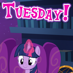 Size: 467x471 | Tagged: safe, gameloft, twilight sparkle, pony, g4, cropped, english, female, glowing, glowing horn, happy, horn, mare, meme, running gag, solo, tuesday, wow! glimmer