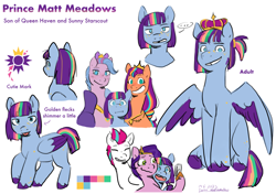 Size: 4160x2924 | Tagged: safe, artist:daisy_marshmallow, pipp petals, queen haven, sunny starscout, zipp storm, oc, oc:matt meadows, earth pony, pegasus, pony, g5, colored sketch, colt, crown, cutie mark, foal, freckles, jewelry, lesbian, magical lesbian spawn, male, mane stripe sunny, mare, offspring, parent:queen haven, parent:sunny starscout, parents:sunnyhaven, phone, queen sunny starscout, reference sheet, regalia, royalty, ship:sunnyhaven, shipping, signature, simple background, sketch, smiling, time skip, tongue out, tooth gap, white background
