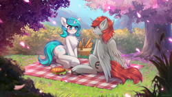 Size: 3600x2025 | Tagged: safe, artist:shoggoth-tan, oc, oc only, oc:ericken, oc:time slowly, alicorn, pony, unicorn, alicorn oc, basket, bread, cherry blossoms, chest fluff, duo, flower, flower blossom, food, high res, horn, leaves, looking at each other, looking at someone, male, mountain, picnic, picnic blanket, sandwich, stallion, tree, wings