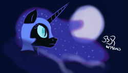 Size: 1521x869 | Tagged: safe, artist:bifrose, nightmare moon, alicorn, pony, g4, blue background, bust, female, frown, mare, moon, signature, simple background, solo