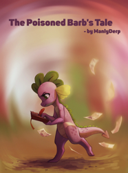 Size: 2356x3172 | Tagged: safe, artist:koviry, spike, dragon, fanfic:the poisoned barb's tale, g4, barb, cover art, dragoness, fanfic, fanfic art, female, high res, paper, quill, rule 63, solo, wind