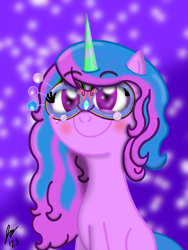 Size: 1620x2160 | Tagged: safe, artist:jesslmc16, izzy moonbow, pony, unicorn, g5, my little pony: make your mark, my little pony: make your mark chapter 4, the manesquerade ball, spoiler:g5, spoiler:my little pony: make your mark, spoiler:my little pony: make your mark chapter 4, spoiler:mymc04e05, bust, colored, colored horn, digital art, female, glitter, horn, looking at you, mare, mask, masquerade mask, portrait, procreate app, smiling, smiling at you, solo