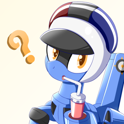 Size: 2000x2000 | Tagged: safe, artist:trackheadtherobopony, oc, oc:sunracer, pony, robot, robot pony, drinking, high res, looking at you, question mark, solo