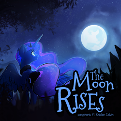 Size: 4300x4300 | Tagged: safe, artist:darkflame75, princess luna, alicorn, pony, the moon rises, g4, absurd resolution, album, album cover, female, full moon, grass, kristen calvin, mare, moon, night, night sky, ponyphonic, rear view, sky, solo, song cover, spread wings, stars, tree, wings