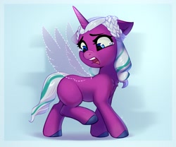 Size: 3264x2720 | Tagged: safe, artist:taneysha, opaline arcana, alicorn, pony, g5, my little pony: make your mark, spoiler:my little pony: make your mark, chest fluff, eyebrows, female, filly, filly opaline arcana, foal, frown, high res, looking at self, looking back, open mouth, ringlets, shadow, signature, solo, teary eyes, wingless, younger