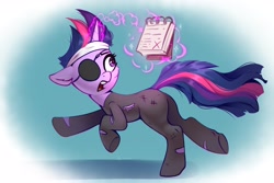 Size: 2832x1892 | Tagged: safe, artist:taneysha, twilight sparkle, pony, unicorn, g4, it's about time, butt, catsuit, clothes, eyepatch, female, future twilight, glowing, glowing horn, gradient background, high res, horn, magic, mare, notepad, plot, running, sneaking suit, solo, telekinesis, unicorn twilight