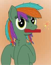 Size: 650x817 | Tagged: safe, artist:detonaty, oc, oc only, oc:detonaty, earth pony, pony, dynamite, explosives, gradient background, mouth hold, solo, this will end in death