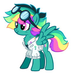 Size: 755x766 | Tagged: safe, artist:octoberumn, oc, oc only, oc:rainbow gadget, pegasus, pony, g4, clothes, female, goggles, lab coat, mare, scuff mark, simple background, solo, transparent background