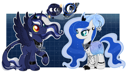 Size: 4112x2313 | Tagged: safe, artist:dixieadopts, oc, oc only, oc:crescent monsoon, oc:starlight aurora, alicorn, hybrid, pony, anklet, bracelet, cape, claws, clothes, colored sclera, colored wings, crown, draconequus hybrid, ear piercing, earring, ethereal mane, ethereal tail, eyeshadow, female, freckles, gradient wings, heterochromia, horn, horn jewelry, horns, interspecies offspring, jewelry, leg fluff, leg freckles, leonine tail, lidded eyes, makeup, male, offspring, parent:discord, parent:princess luna, parents:lunacord, paws, peytral, piercing, raised paw, ram horns, red eyes, regalia, siblings, smiling, sparkly mane, sparkly tail, spread wings, standing, starry mane, starry tail, tail, tail jewelry, teal eyes, tiara, wings, yellow sclera