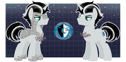 Size: 4000x1989 | Tagged: safe, artist:dixieadopts, oc, oc only, oc:night shield, pony, unicorn, armor, blue background, coat markings, eyebrows, facial markings, frown, gradient background, grid, helmet, hoof shoes, horn, jewelry, lidded eyes, male, male oc, raised eyebrow, solo, sparkly mane, sparkly tail, stallion, standing, star (coat marking), stars, stern, tail, tail jewelry, teal eyes, unicorn oc