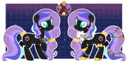 Size: 4000x1976 | Tagged: safe, artist:dixieadopts, oc, oc only, oc:midnight carnival, earth pony, pony, bracelet, ear piercing, earring, earth pony oc, female, freckles, garter, gradient background, grid, hoof shoes, hooped earrings, jewelry, mare, piercing, ponytail, raised hoof, ruff (clothing), solo, tail, tail jewelry, teal eyes, torn ear