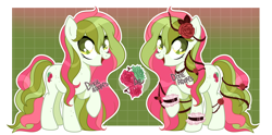 Size: 4000x1976 | Tagged: safe, artist:dixieadopts, oc, oc only, oc:jade rose, earth pony, pony, bipedal, body freckles, bracelet, esrth pony oc, female, flower, freckles, gradient background, green background, green eyes, grid, jewelry, lace, leg freckles, long mane, mare, necklace, open mouth, raised hoof, rose, smiling, solo, thorn, vine