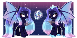 Size: 4000x1976 | Tagged: safe, artist:dixieadopts, oc, oc only, oc:aurora crescent, bat pony, pony, body markings, colored wings, crown, ear piercing, earring, eyeshadow, female, gradient background, gradient mane, gradient tail, gradient wings, grid, grin, hoof shoes, jewelry, lidded eyes, long mane, looking back, makeup, mare, multicolored wings, necklace, piercing, pink eyes, regalia, smiling, solo, sparkly mane, sparkly tail, spread wings, standing, stars, stripes, tail, tail jewelry, wings