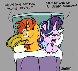 Size: 1620x1472 | Tagged: safe, artist:bobthedalek, starlight glimmer, sunburst, pony, unicorn, g4, ah yes me my girlfriend and her x, antique, atg 2023, bed, bed mane, blaze (coat marking), clothes, coat markings, duo, duo male and female, facial hair, facial markings, female, furniture, goatee, gray background, kite, male, mare, meme, newbie artist training grounds, overhead view, pajamas, ship:starburst, shipping, simple background, socks (coat markings), spitoon, spittoon, stallion, starlight glimmer is not amused, straight, that pony sure does love antiques, that pony sure does love kites, this will end in pain, unamused