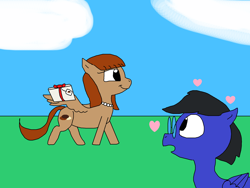 Size: 2000x1500 | Tagged: safe, artist:blazewing, oc, oc only, oc:blazewing, oc:pecan sandy, pegasus, pony, atg 2023, box, cloud, cookie, drawpile, female, floating heart, food, grass, heart, jewelry, male, mare, necklace, newbie artist training grounds, open mouth, pearl necklace, smiling, stallion, walking