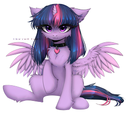 Size: 1928x1746 | Tagged: safe, artist:hornettwin, twilight sparkle, alicorn, pony, g4, :3, cheek fluff, chest fluff, collar, ear fluff, female, heart, heart collar, leg fluff, looking at you, mare, simple background, sitting, solo, spread wings, transparent background, twilight sparkle (alicorn), wing fluff, wings
