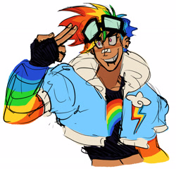 Size: 2048x1991 | Tagged: safe, artist:queam, rainbow dash, human, equestria girls, g4, bust, clothes, dark skin, fingerless gloves, gloves, goggles, goggles on head, humanized, jacket, multicolored hair, open mouth, open smile, rainbow hair, redesign, simple background, smiling, solo, tomboy, white background