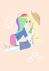 Size: 2370x3444 | Tagged: safe, artist:yuck, applejack, rainbow dash, human, equestria girls, g4, barefoot, clothes, feet, female, high res, lesbian, ship:appledash, shipping, simple background, sitting, smiling