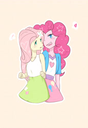 Size: 2370x3444 | Tagged: safe, artist:yuck, fluttershy, pinkie pie, human, equestria girls, g4, clothes, female, heart, high res, lesbian, ship:flutterpie, shipping, simple background, smiling