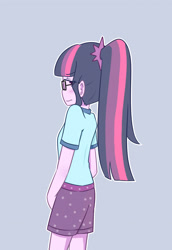 Size: 2370x3444 | Tagged: safe, artist:yuck, sci-twi, twilight sparkle, human, equestria girls, g4, blue background, blushing, camp everfree outfits, clothes, female, glasses, high res, looking at you, looking back, looking back at you, ponytail, rear view, shorts, simple background, smiling, solo