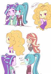 Size: 2370x3444 | Tagged: safe, artist:yuck, adagio dazzle, aria blaze, sonata dusk, sunset shimmer, human, equestria girls, g4, blushing, clothes, colored pupils, comic, cute, dialogue, female, food, high res, lesbian, mouth hold, ship:arisona, ship:sunsagio, shipping, simple background, smiling, taco, text, the dazzlings, white background