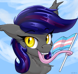 Size: 4196x4000 | Tagged: safe, artist:neoncel, oc, oc only, oc:firestarter, bat pony, pony, fangs, female, flag, holding a flag, icon, long tongue, mare, neck fluff, open mouth, prehensile tongue, pride, pride flag, pride month, solo, tongue out, tongue wrap, transgender pride flag