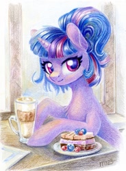 Size: 881x1200 | Tagged: safe, artist:maytee, twilight sparkle, pony, unicorn, g4, alternate hairstyle, berry, cake, chest fluff, coffee, colored pencil drawing, cup, food, herbivore, hooves on the table, looking at you, solo, traditional art, unicorn twilight