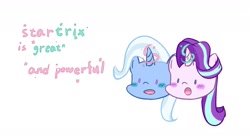 Size: 1652x908 | Tagged: safe, artist:yuck, starlight glimmer, trixie, pony, unicorn, g4, blushing, bust, chibi, clothes, duo, female, glowing horn, horn, lesbian, open mouth, ship:startrix, shipping, simple background, text, white background