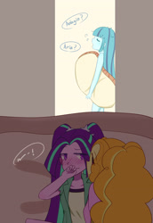 Size: 2370x3444 | Tagged: safe, artist:yuck, adagio dazzle, aria blaze, sonata dusk, human, equestria girls, g4, blushing, clothes, colored pupils, eyes closed, female, hiding, high res, lesbian, ship:adaria, shipping, sleepwalking, text, trio