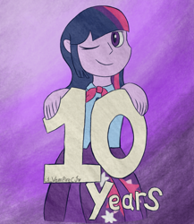 Size: 2283x2631 | Tagged: safe, artist:lil_vampirecj, twilight sparkle, human, equestria girls 10th anniversary, equestria girls, g4, anniversary, anniversary art, digital, digital art, female, gradient background, high res, humanized, krita, solo