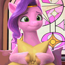 Size: 800x800 | Tagged: safe, screencap, pipp petals, pegasus, pony, a little horse, g5, my little pony: make your mark, my little pony: make your mark chapter 4, spoiler:g5, spoiler:my little pony: make your mark, spoiler:my little pony: make your mark chapter 4, spoiler:mymc04e06, adorable face, adorapipp, animated, cute, daaaaaaaaaaaw, female, floppy ears, gif, hasbro is trying to murder us, hug, i watch it for the ears, jewelry, mare, pillow, pillow hug, puppy dog eyes, smiling, solo, tiara, unshorn fetlocks, weapons-grade cute