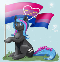 Size: 1339x1385 | Tagged: safe, artist:erein, oc, oc only, oc:obabscribbler, earth pony, pony, bisexual, bisexual pride flag, commission, ears up, eyeshadow, female, flag, lgbt, makeup, pride, pride flag, pride month, simple background, smiling, solo, ych result