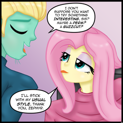 Size: 3000x3000 | Tagged: safe, artist:lennondash, idw, fluttershy, zephyr breeze, human, equestria girls, g4, spoiler:comic, spoiler:comic74, :p, brother and sister, dialogue, duo, duo male and female, equestria girls interpretation, eyes closed, female, gradient background, high res, lidded eyes, male, open mouth, scene interpretation, sibling love, sibling teasing, siblings, speech bubble, tongue out